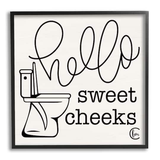 Stupell Industries Toilet Hello Sweet Cheeks Black and White Curly Script Cursive Typography Framed Wall Art